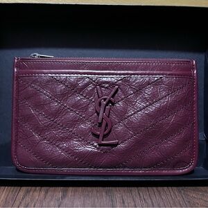 YSL Burgundy Niki Crinkled Leather Bill Pouch